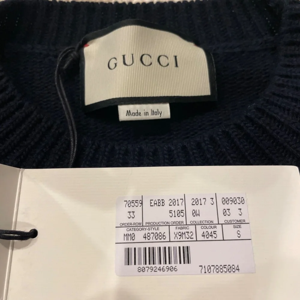 Gucci Navy Crewneck Sweater with Red Logo and Animal Patch